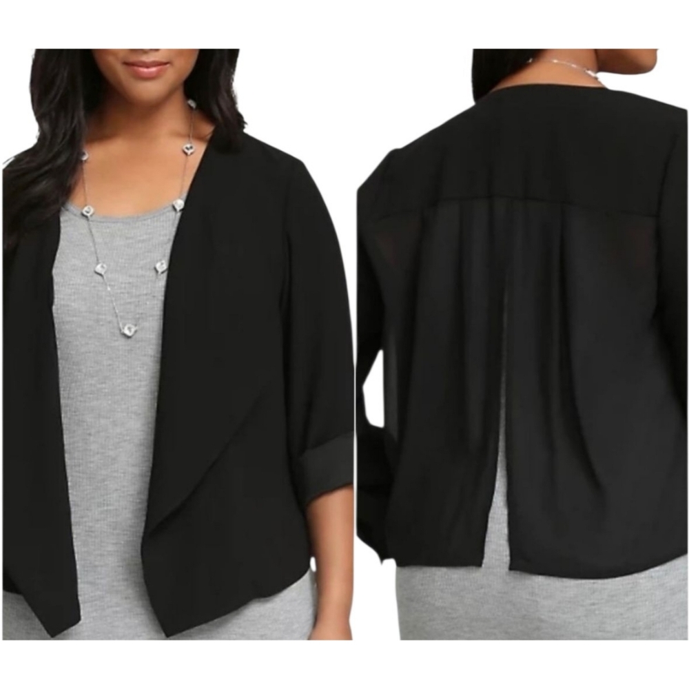 Torrid Drape Front Split Sheer Back Chiffon Blazer Jacket Black Size 1X